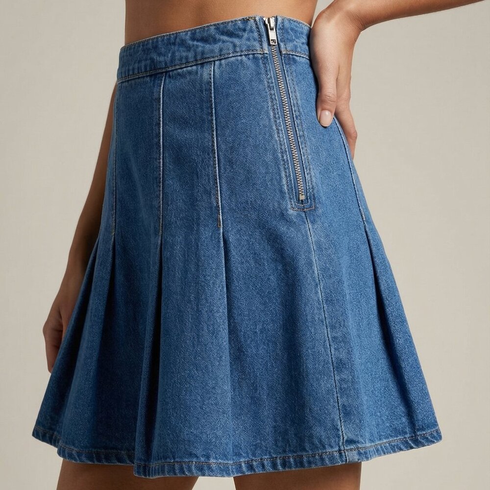 REVOLVE Denim Blue Pleated A-Line Mini Skirt - Picture 3 of 8
